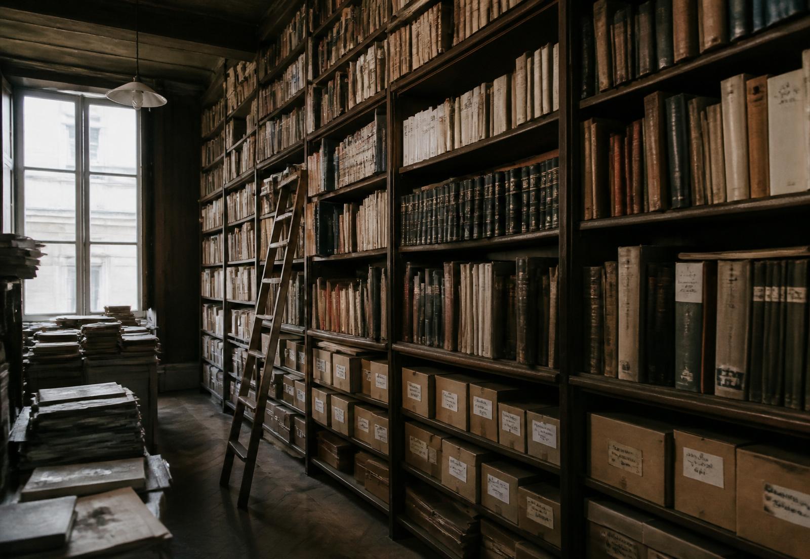 A quiet archive room with tall shelves of cloth-bound books and labelled boxes.