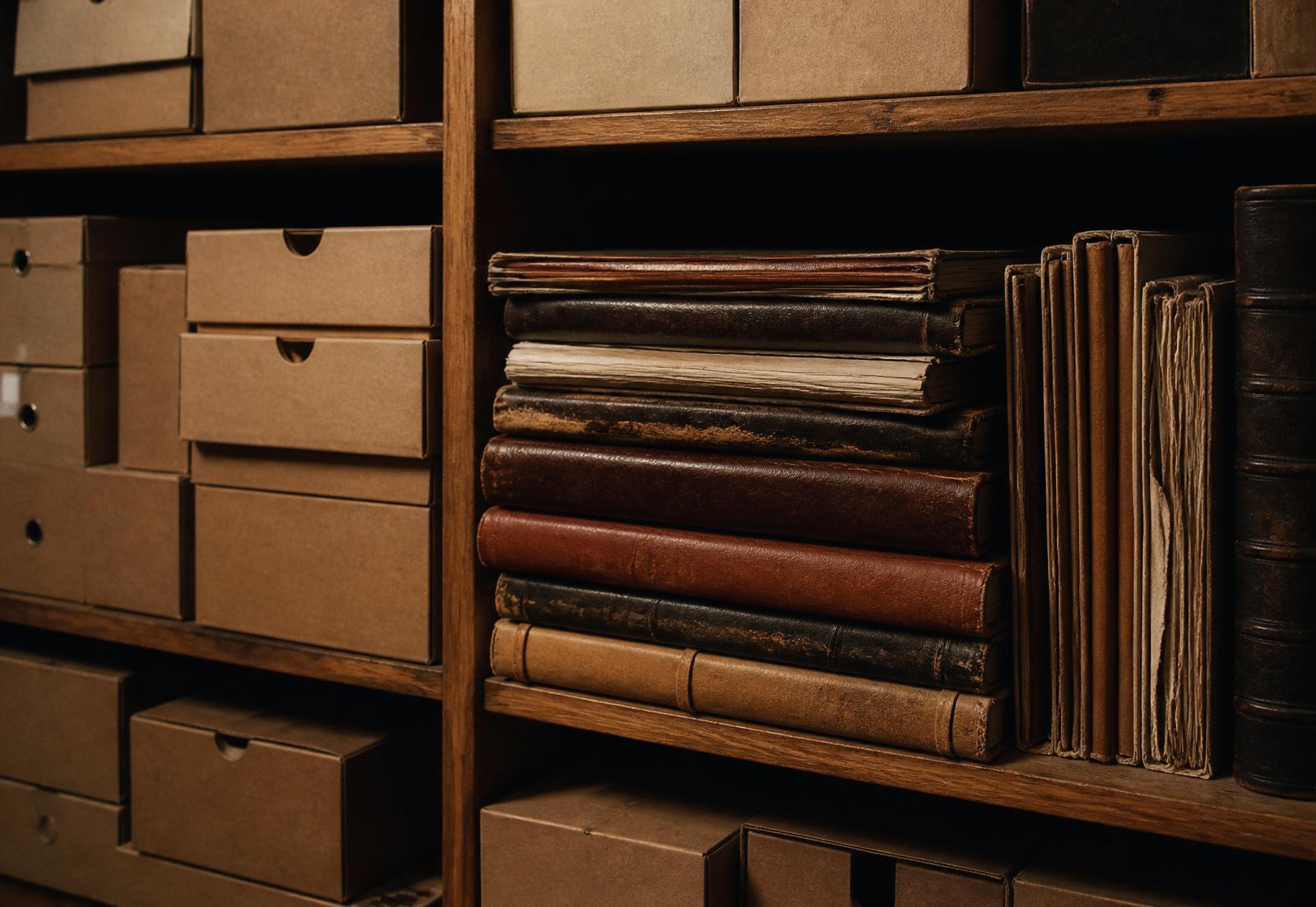 Archival boxes and leather-bound volumes on wooden shelves.